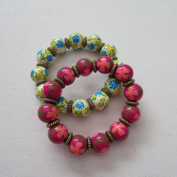 Set of 2 Beaded Elastic Stretch Bracelets Floral Design - Picture 1 of 5